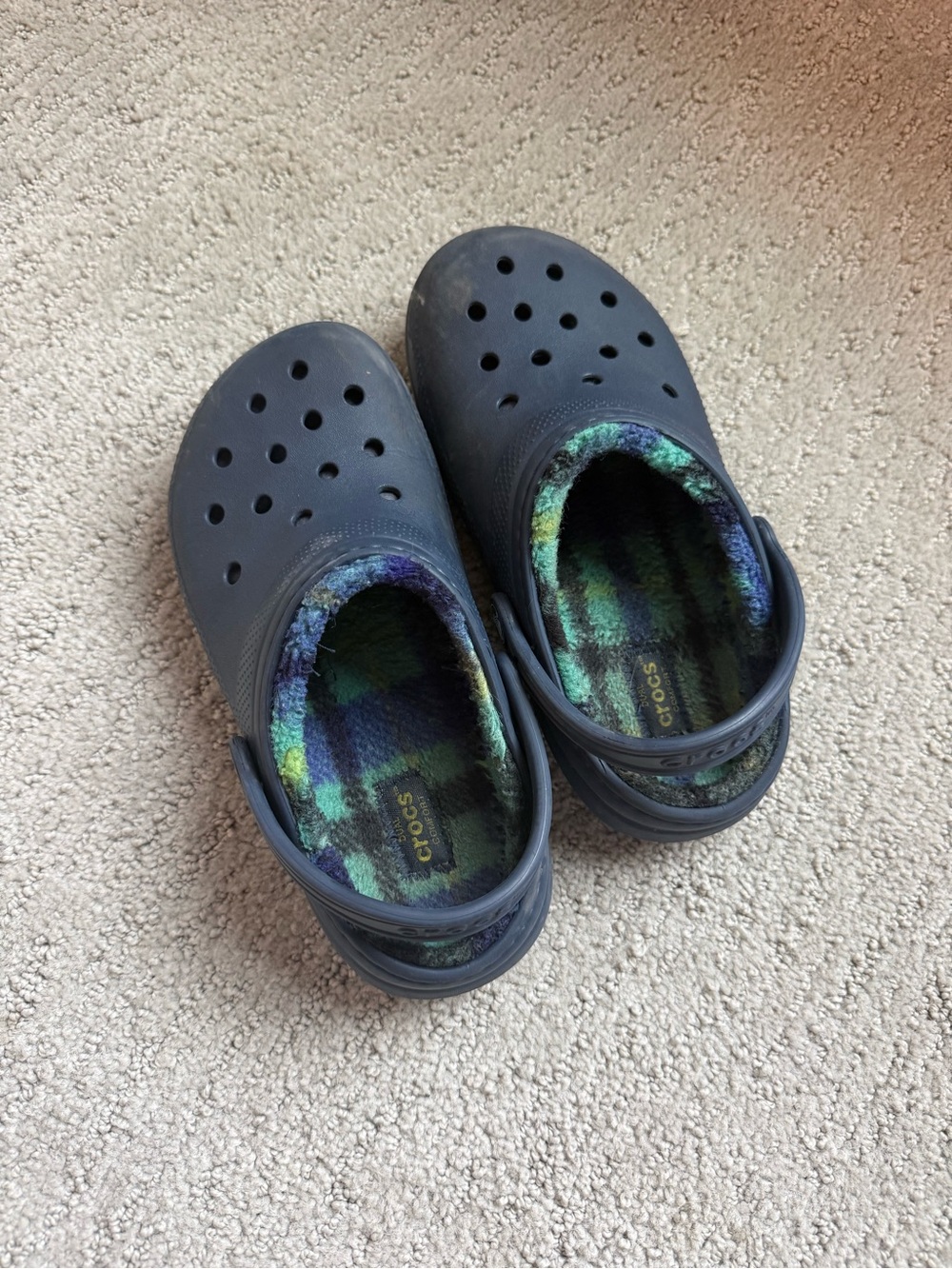 CROCS Kids Navy Shell Clogs with Green Plaid Lining